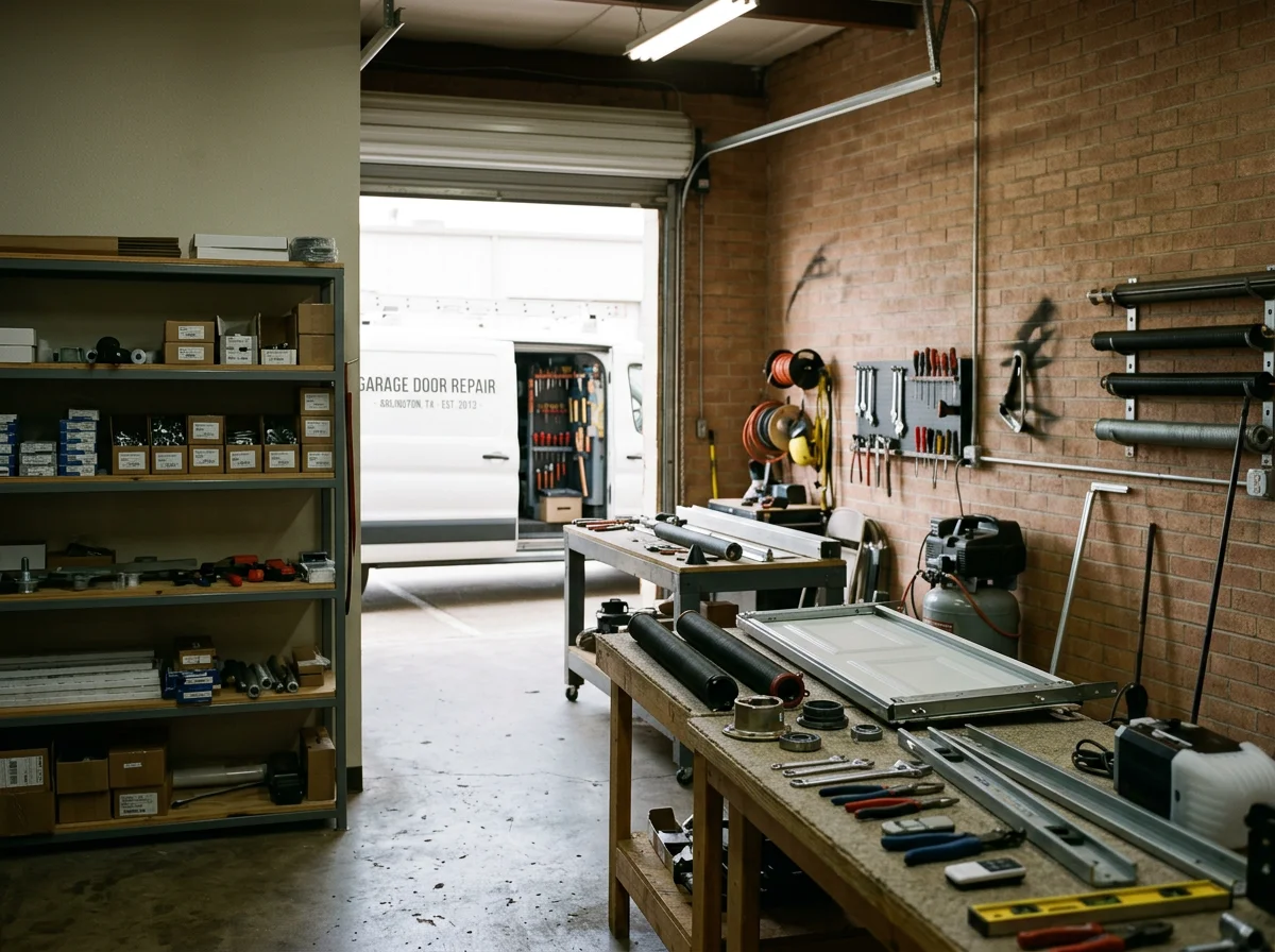 Professional garage door repair shop with tools and equipment ready for residential service calls.