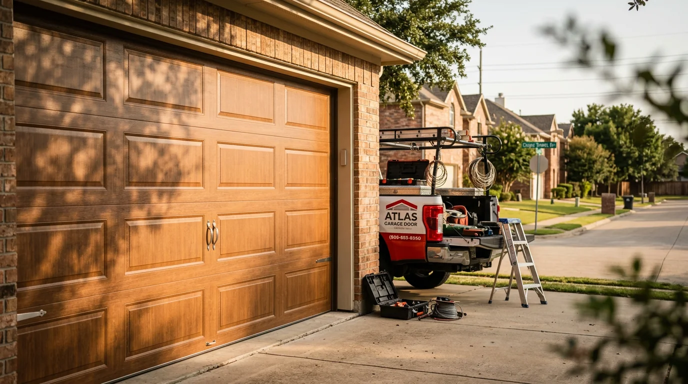 Garage door repair technician working on residential garage door in Arlington Texas