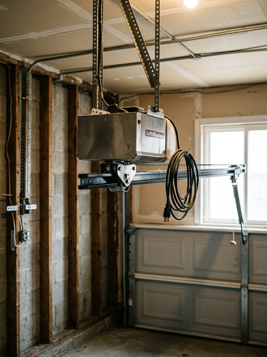 A garage door opener motor unit mounted to the ceiling of an Arlington, TX residential garage, with the drive rail and trolley visible above a steel panel door.