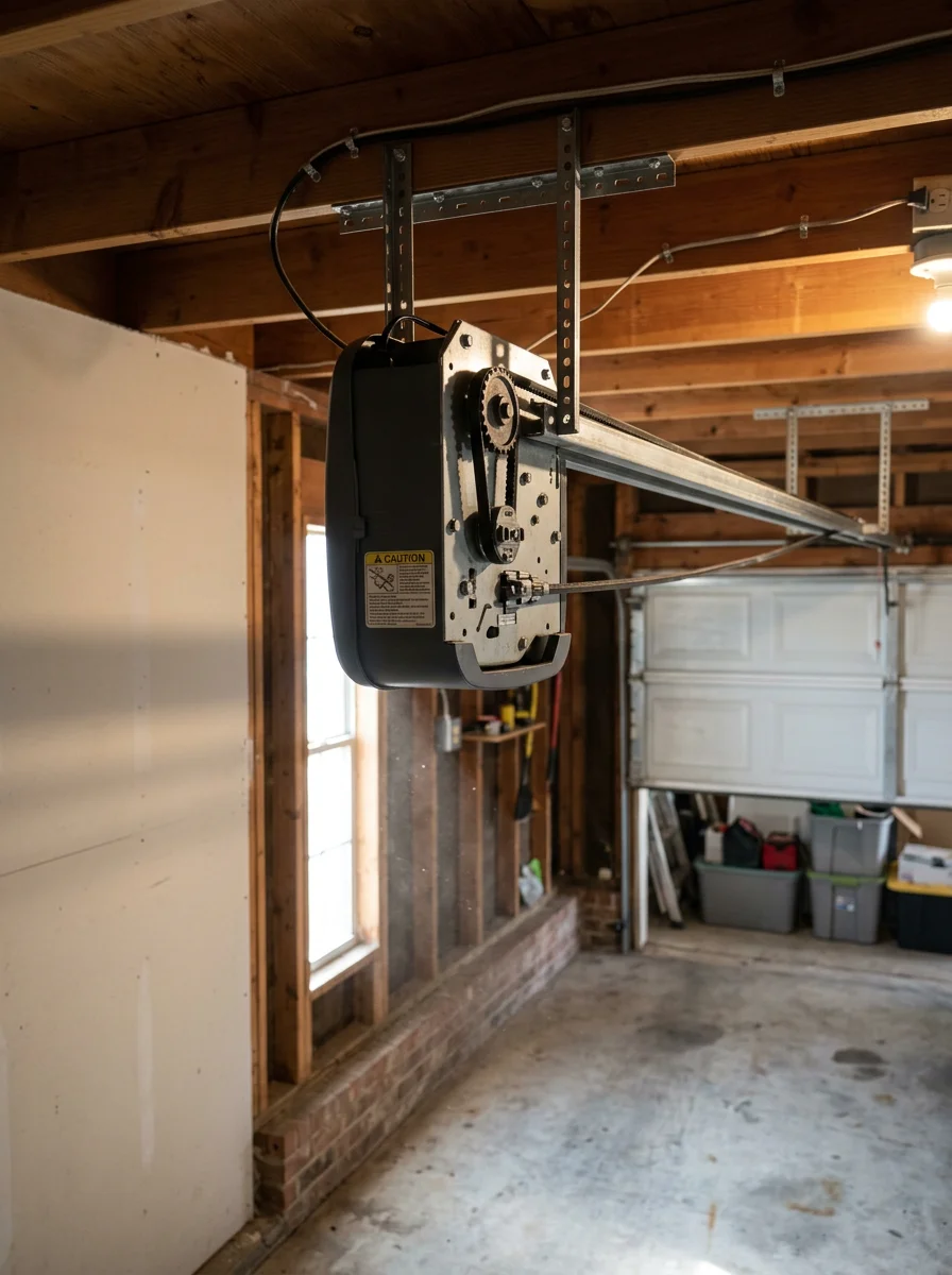 A belt-drive garage door opener mounted to the ceiling of a Burleson, TX residential garage, with the drive rail extending toward the front of a steel panel door.