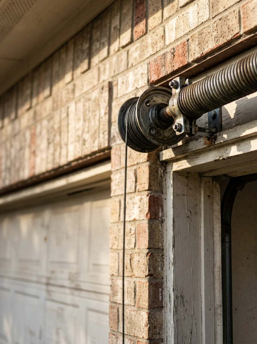 Close-up of a torsion spring assembly above a residential garage door in a DFW-area home, showing the spring, cable drum, and center bracket.