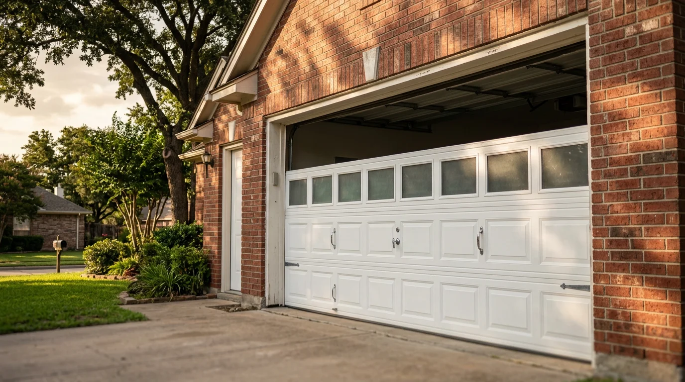 A residential garage door on a brick suburban home in the Dallas-Fort Worth Metroplex, showing a two-car steel panel door with a mounted opener rail visible inside.