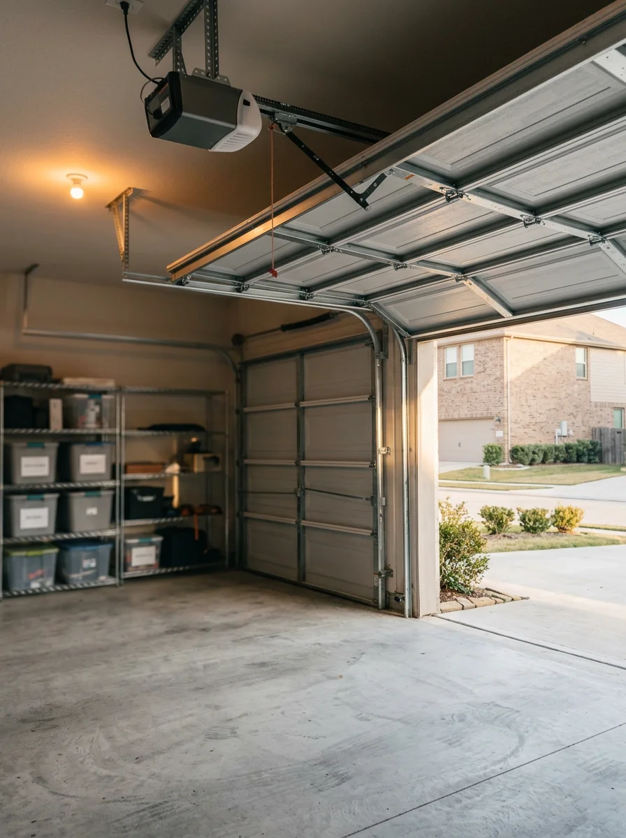 A residential garage in a newer Fort Worth subdivision showing a wide insulated steel door with a belt-drive opener rail mounted to the ceiling.