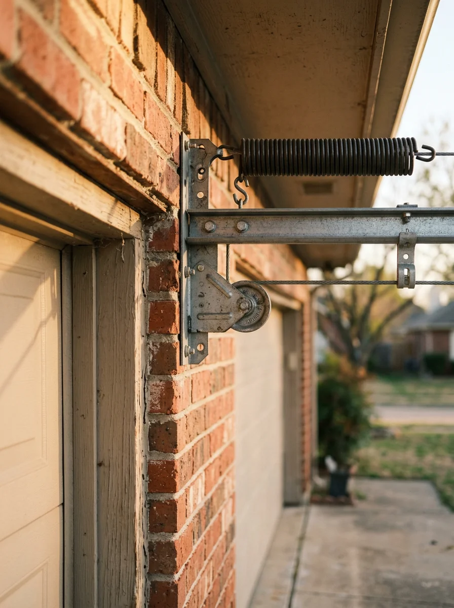 A garage door spring and cable assembly on a mid-century Grand Prairie home, showing extension springs running along the horizontal track with safety cables threaded through.