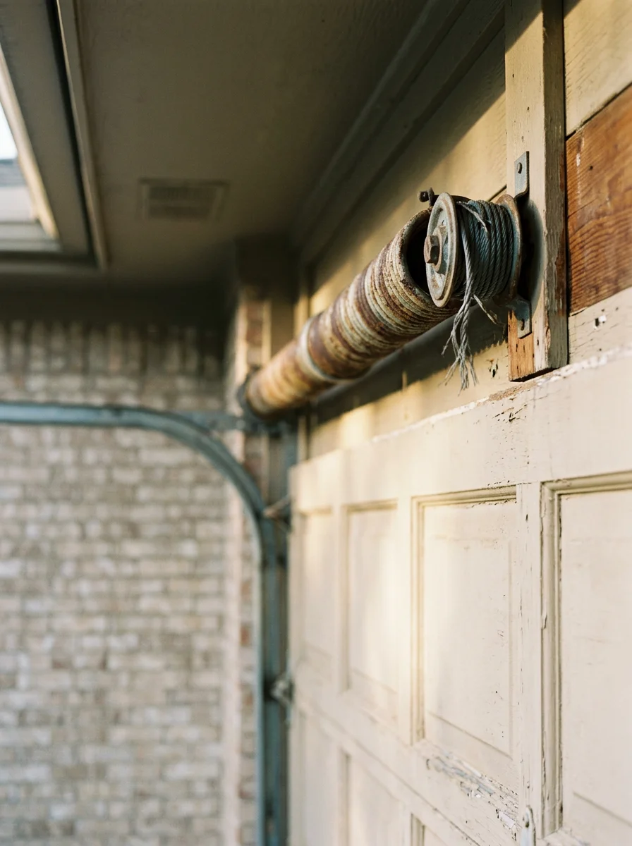 A worn torsion spring and cable assembly above a 1970s-era garage door in a Hurst, TX Mid-Cities home, showing surface corrosion on the spring coils and fraying at the cable drum.