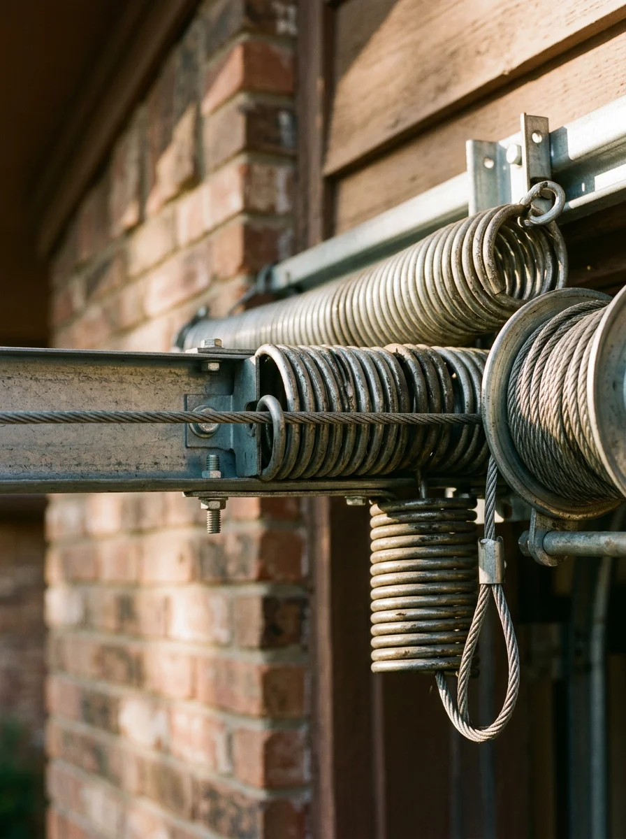 Extension springs running along the horizontal track of an older Irving, TX residential garage door, with safety cables threaded through the springs and the cable drum visible at the end.