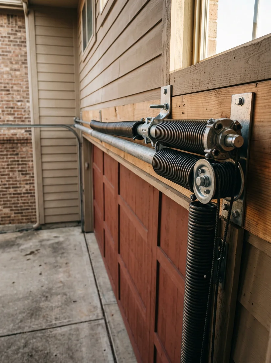 A torsion spring assembly above a heavy three-car garage door in a Mansfield, TX home, showing the spring bar, winding cones, and cable drums.