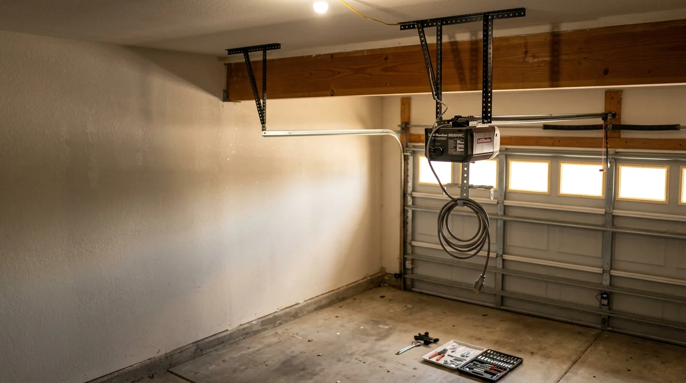 A newly installed garage door opener mounted to the ceiling of a residential garage in the Dallas-Fort Worth Metroplex, with the rail, motor unit, and safety sensors in place. The garage door is fully closed and the wall-mounted keypad is visible beside the interior entry door.