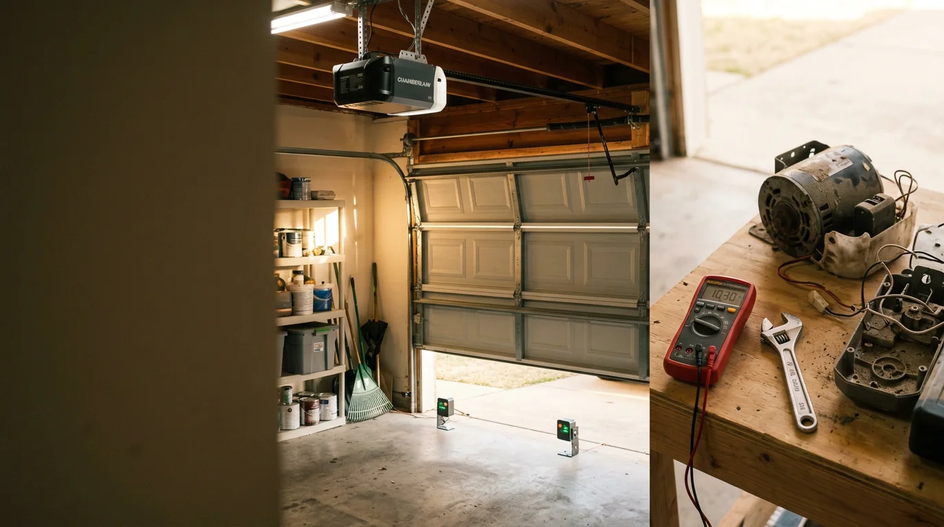 A newly installed residential garage door opener mounted to the ceiling of a home garage in the Dallas/Fort Worth area, with the door in the closed position and the rail and motor unit clearly visible. The surrounding garage interior reflects a typical North Texas single-family home.