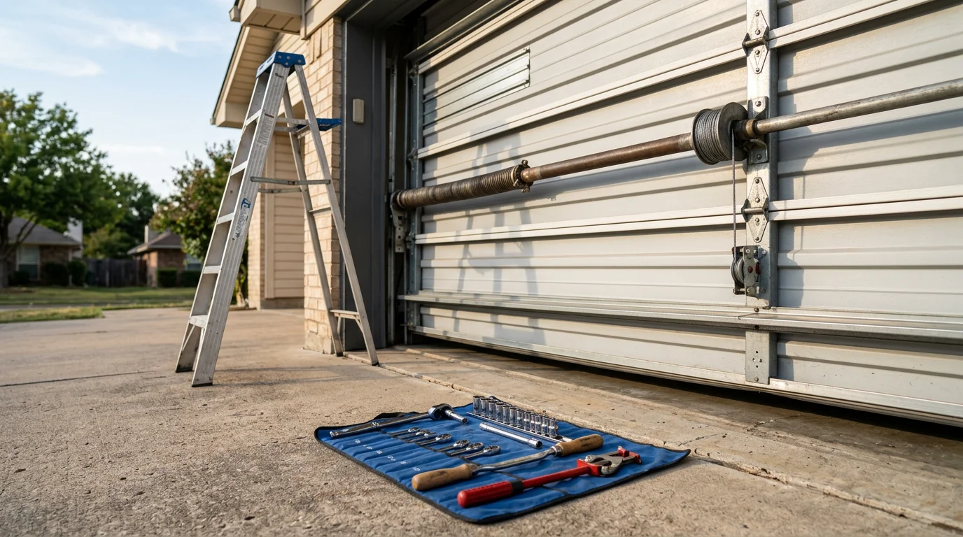 A residential garage door in a Dallas-Fort Worth suburb with a technician from Atlas Overhead Garage Door Repair inspecting a torsion spring assembly. The door shows signs of recent repair work on the track and hardware.