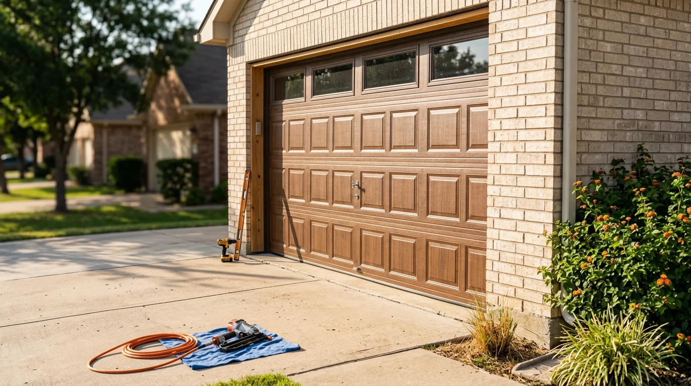 A newly installed residential garage door on a single-family home in the Dallas-Fort Worth Metroplex, showing clean panel lines and updated hardware against a typical North Texas suburban exterior.