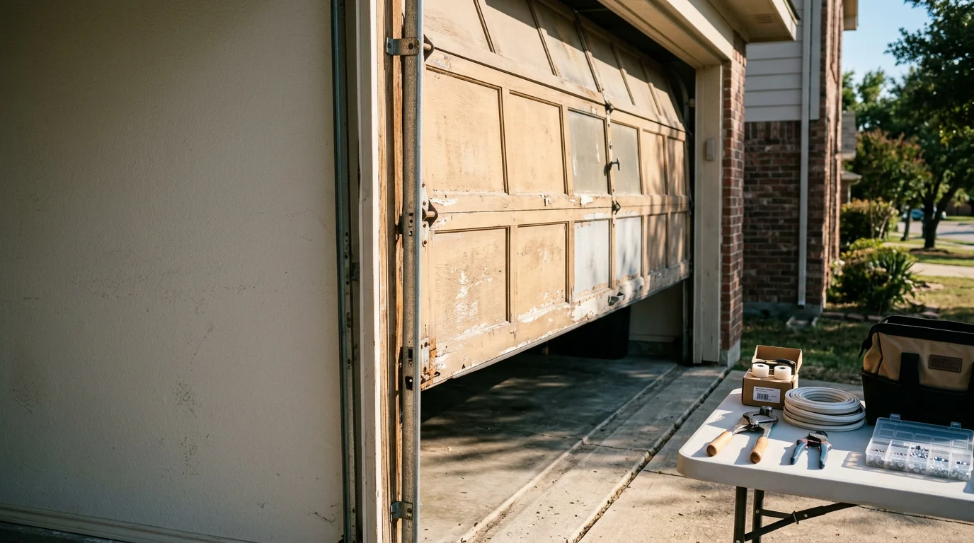 A residential garage door on a brick home in the Dallas-Fort Worth Metroplex being inspected by a technician checking the spring and cable system. The door is fully closed and level, showing a completed service call in a North Texas suburban neighborhood.
